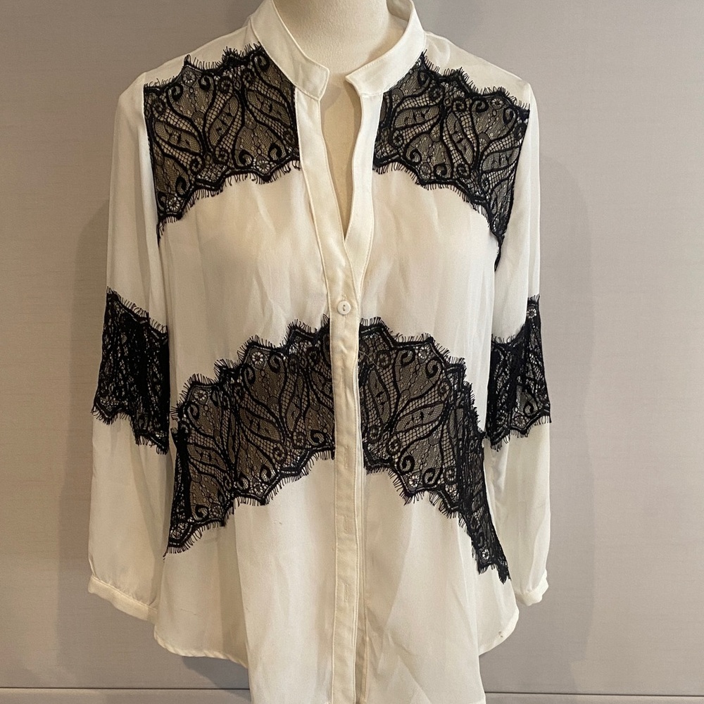 Love Stitch Black Lace on cream  Button Down Shirt